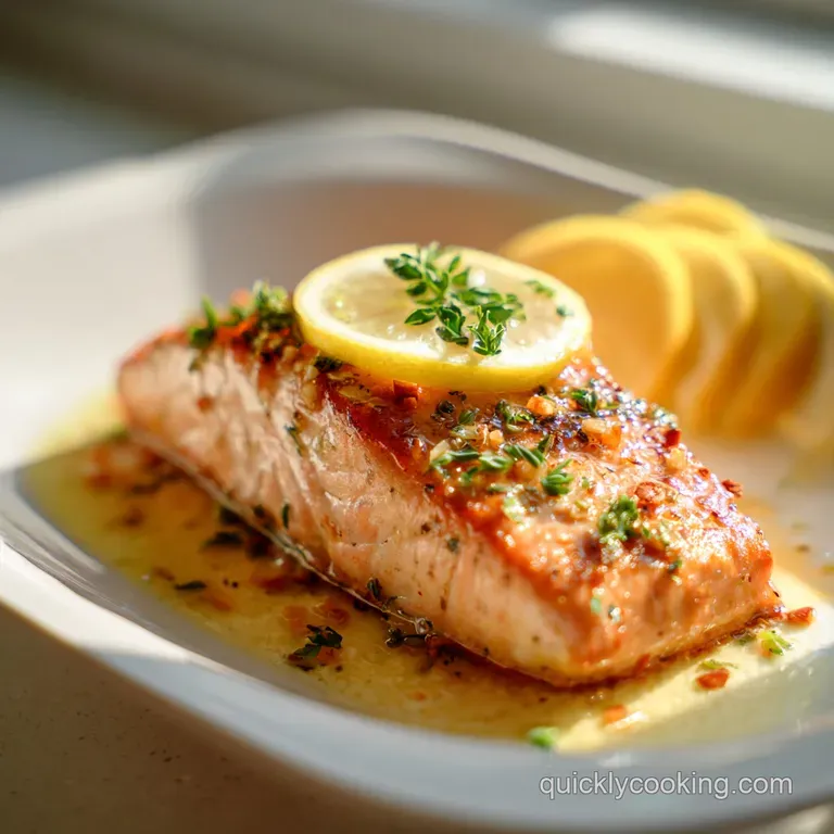Perfectly cooked salmon fillet with caramelized lemon slices, perched atop a bed of fluffy couscous and bright parsley spr...