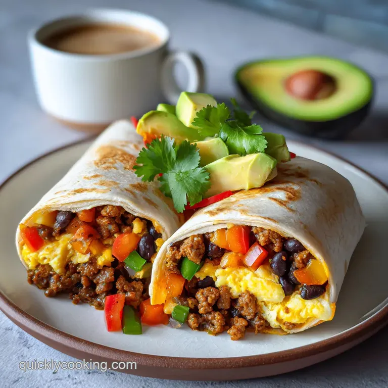 A warm breakfast burrito sliced open, steam rising, revealing vibrant egg, cheese, and veggie filling. Ready to eat!