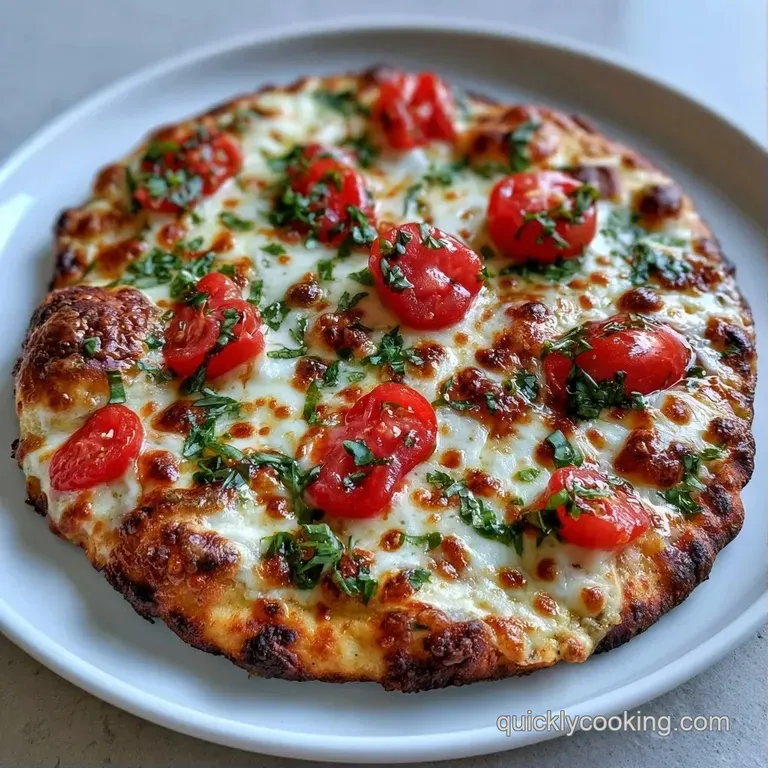 Sliced toasted flatbread topped with gooey white cheese and red tomatoes, drizzled with glossy dark balsamic glaze.