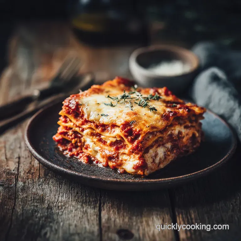 Slice of layered lasagna with melted cheese pull, vibrant red sauce, and fresh basil garnish on a white plate.