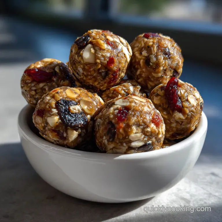 Three protein bites artfully arranged on a small ceramic plate; visible oats and nuts create a rustic, textured appearance.