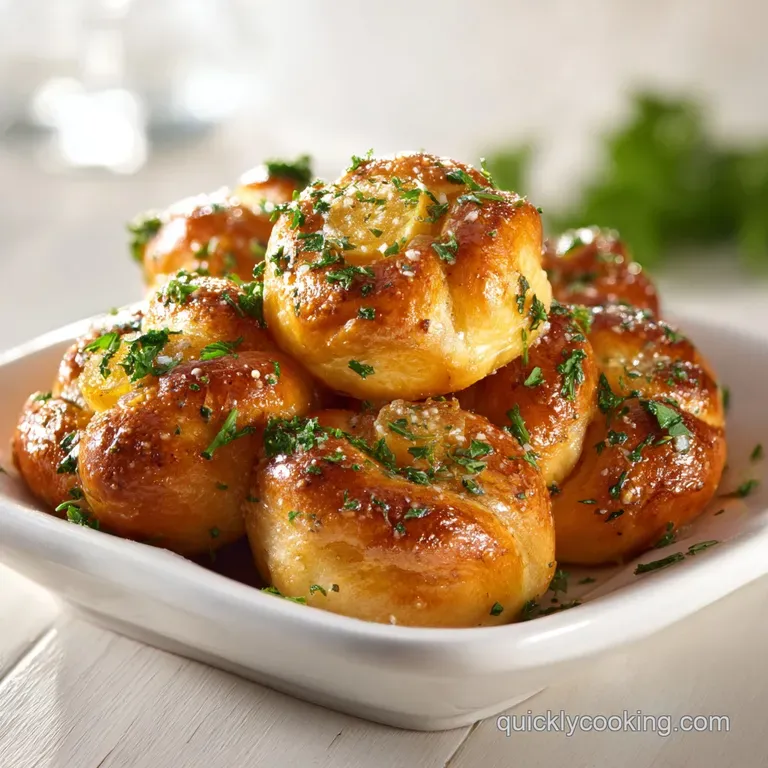A rustic platter of glossy, twisted bread rolls topped with minced garlic and herbs beside a small bowl of marinara.