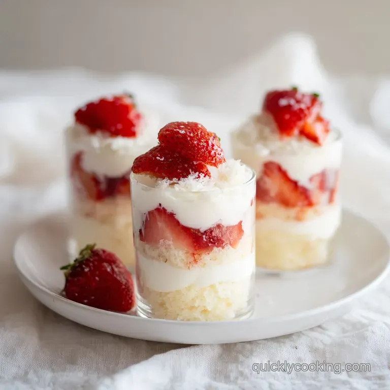 Miniature golden cakes in white ceramic cups topped with vibrant red strawberries and swirls of fluffy white cream.