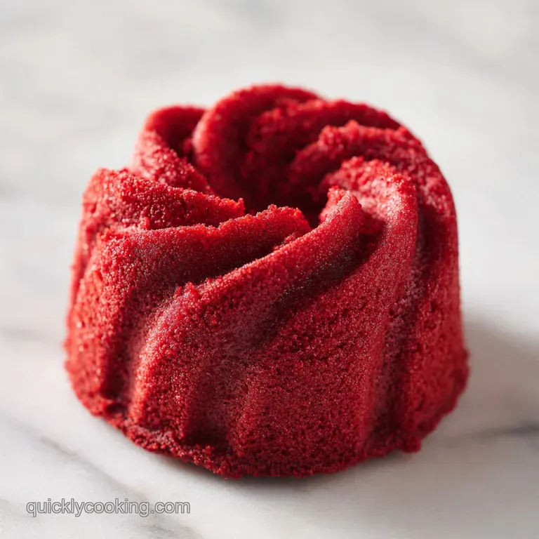 A slice of vibrant red velvet cake on a white plate, drizzled with white cream and topped with a berry.