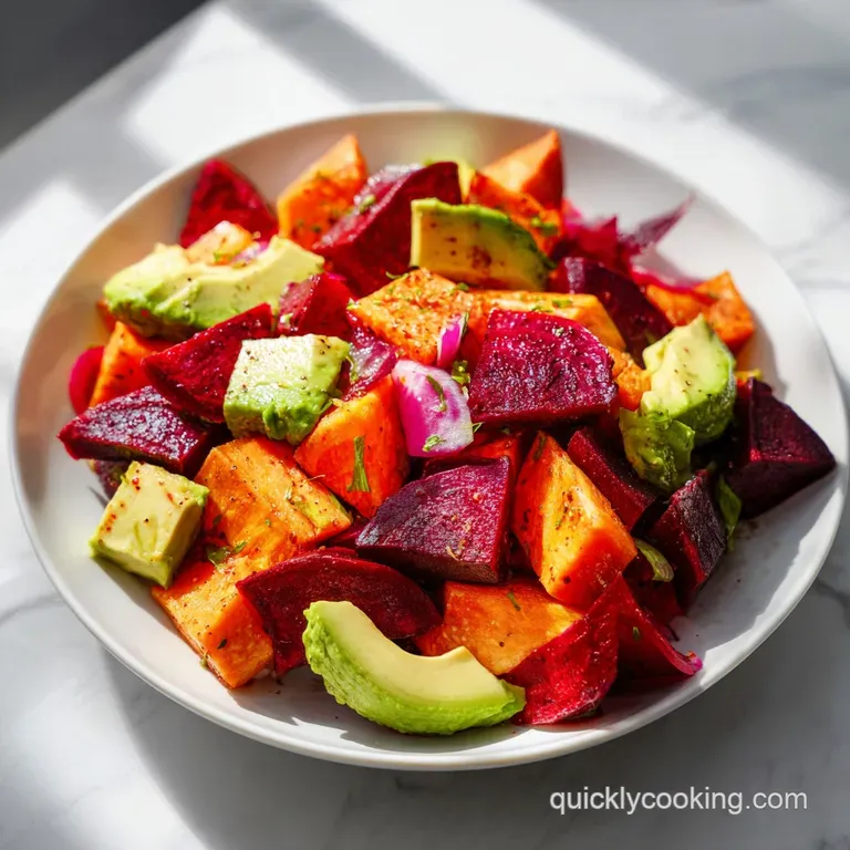 A colorful serving of beet, sweet potato & avocado salad, artfully plated with a light drizzle and fresh green herbs.