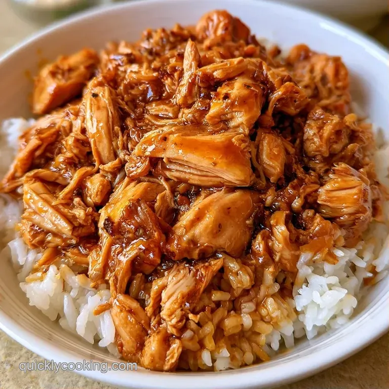 Shredded golden chicken atop a bed of fluffy rice in a ceramic bowl, garnished with sliced scallions and sesame seeds