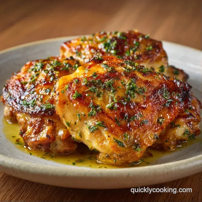 Juicy chicken thighs with crackling golden skin on a white plate, garnished with fresh parsley and lemon wedges.