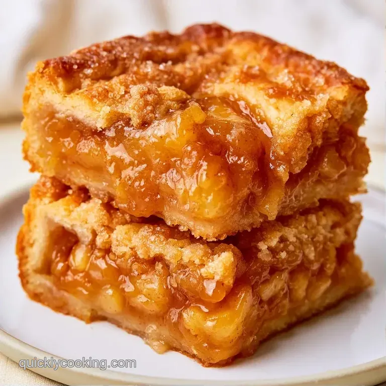 A neat square of spiced apple dessert dusted with powdered sugar and a dollop of whipped cream on a ceramic plate.