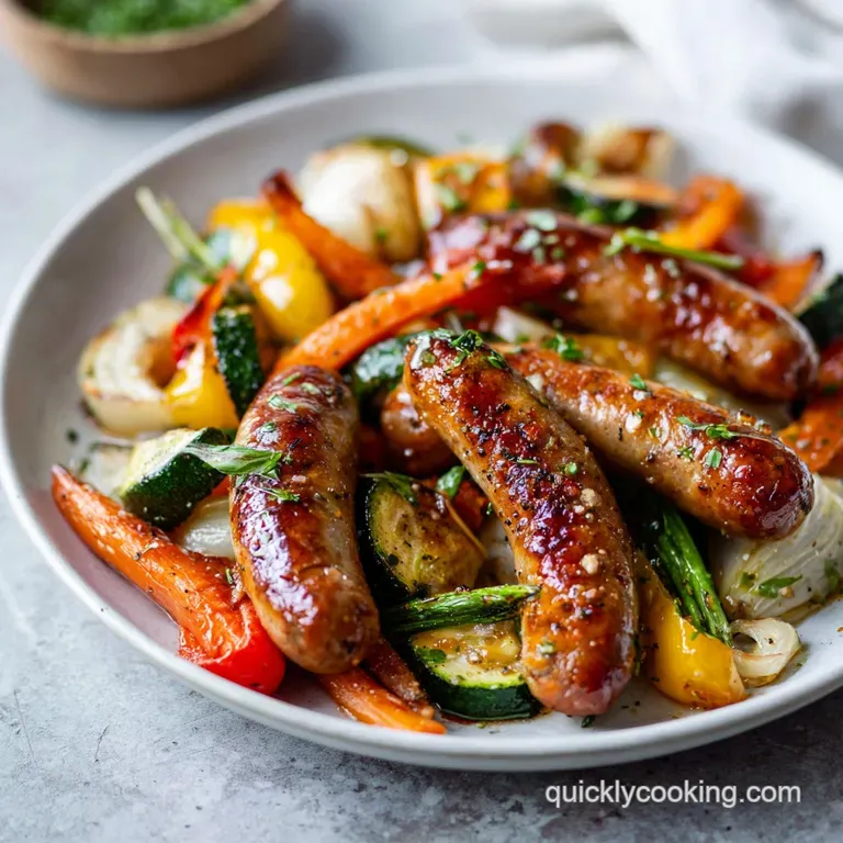 Plated sausage and veggie medley with vibrant bell peppers, onions, and herbs, glistening with savory juices.