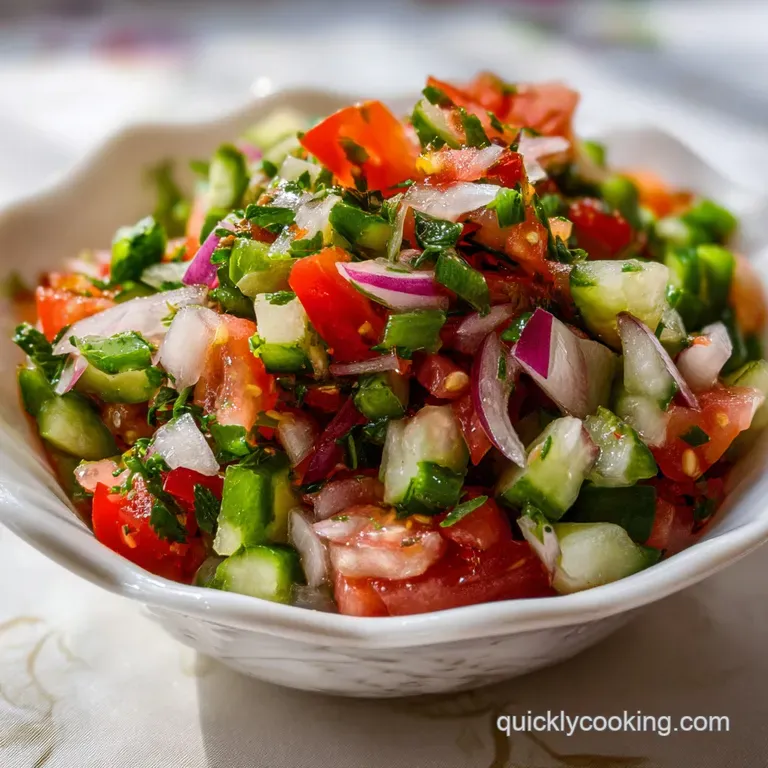 Bright, fresh Shirazi salad piled high in a glass bowl, showcasing colorful, finely diced vegetables and herbs.