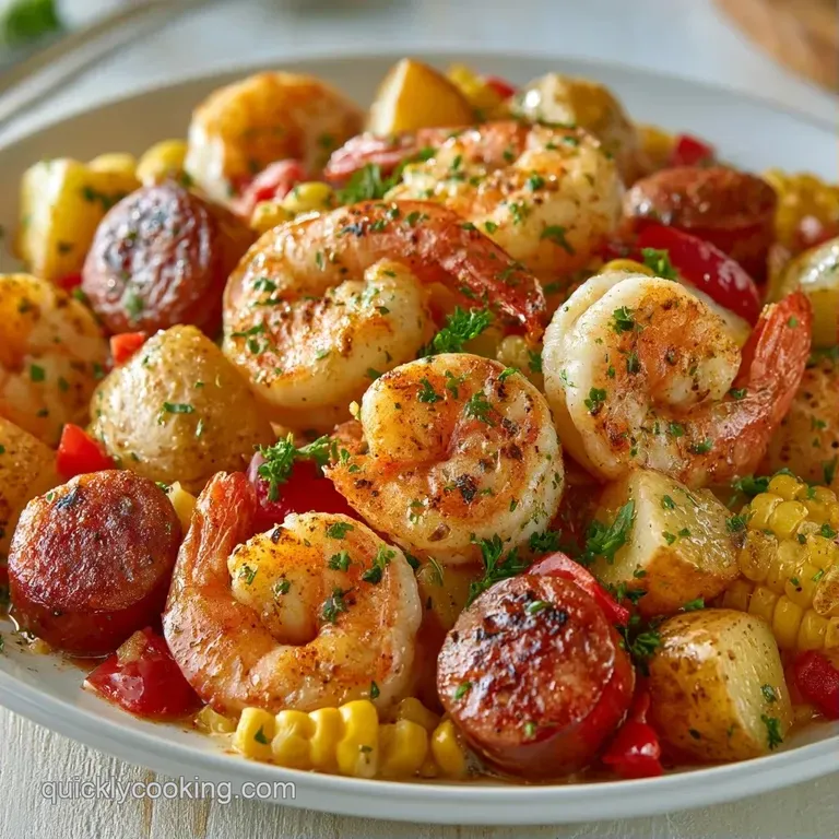 Plump pink shrimp and colorful summer vegetables glistening in lemon butter inside an open piece of silver foil.