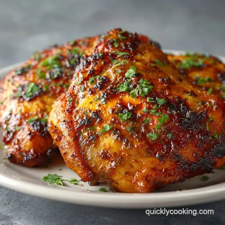 Roasted golden chicken thighs plated on a white ceramic dish with a sprig of fresh rosemary and bright lemon wedges.