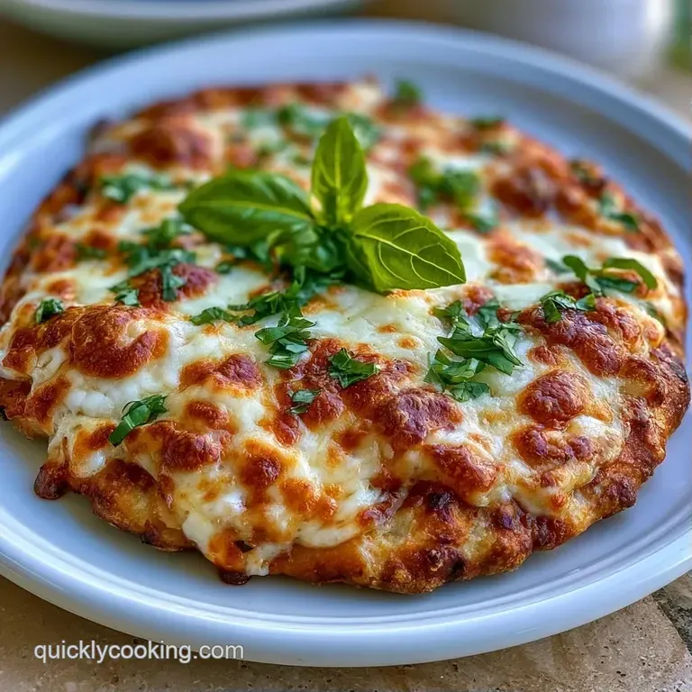 Thin, toasted crust topped with bubbling white cheese and fresh basil leaves on a slate platter with olive oil.