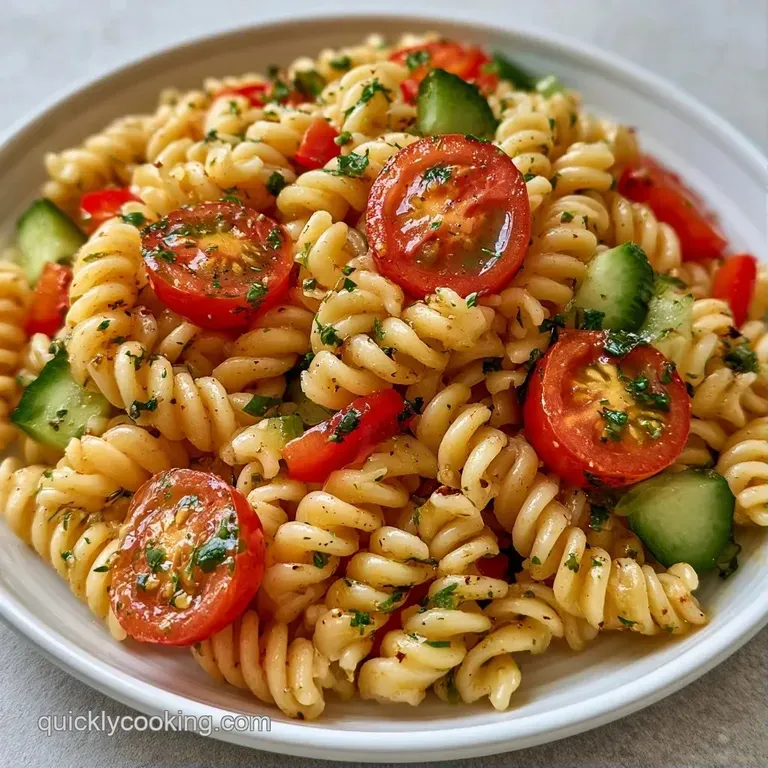Vibrant pasta spirals mixed with diced cucumbers and red onions served in a wide white ceramic bowl.
