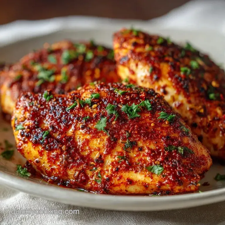 Perfectly seared chicken pieces on a white ceramic plate garnished with a sprig of fresh thyme and lemon wedges.