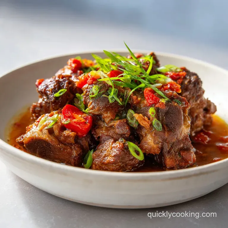 A flavorful serving of tender oxtail atop creamy polenta, garnished with fresh herbs. A delicious, comforting meal present...