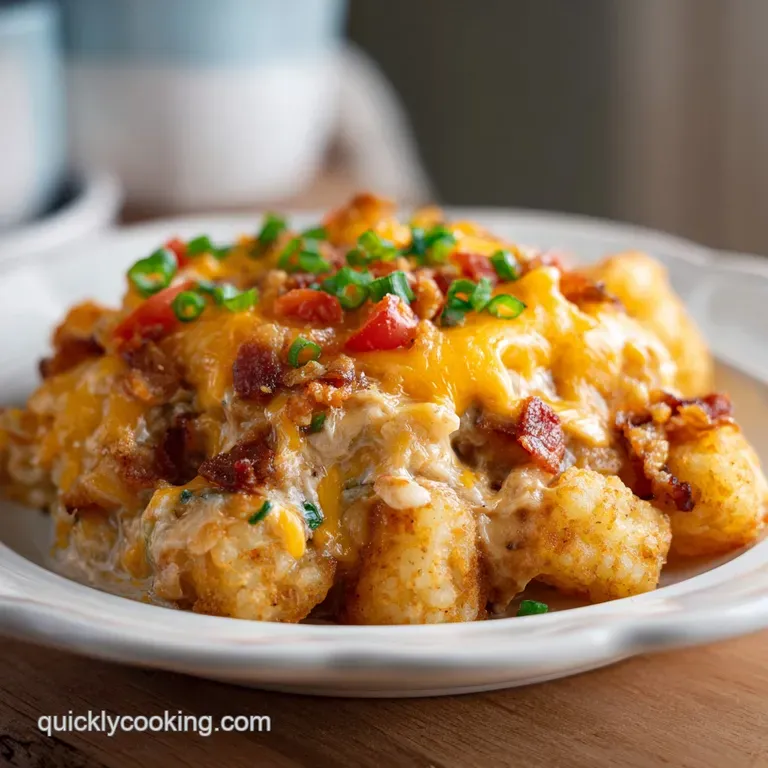 A hearty scoop of chicken tater tot casserole topped with melted cheese and a sprinkle of chives.