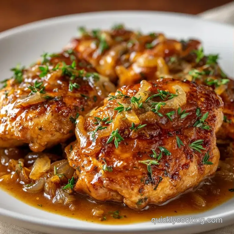 A tender chicken breast topped with glossy, silky gravy and a sprinkle of fresh parsley on a white ceramic plate.