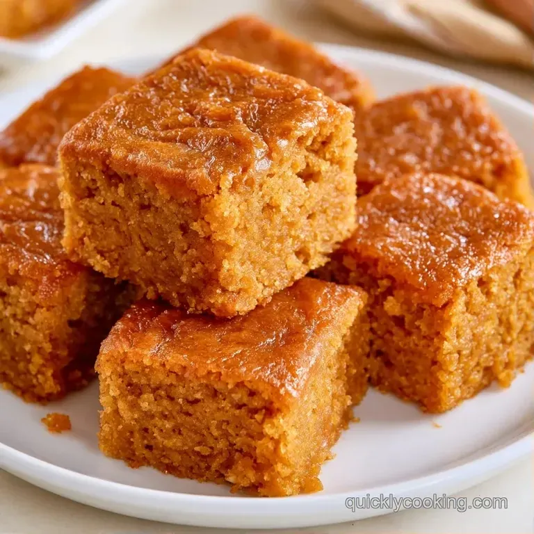 Square orange cake slices stacked on a white ceramic plate, dusted with cinnamon and a sprig of fresh mint.
