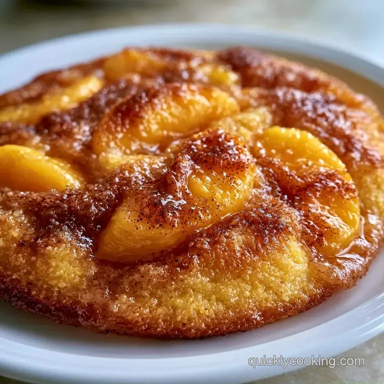 A moist slice of golden cake topped with fresh peach wedges and a dollop of whipped cream on a white ceramic plate.