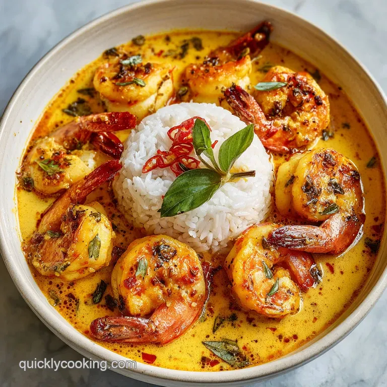 Elegant plate of spicy coconut curry shrimp. Juicy shrimp glistening in rich, creamy sauce, garnished with fresh herbs and...
