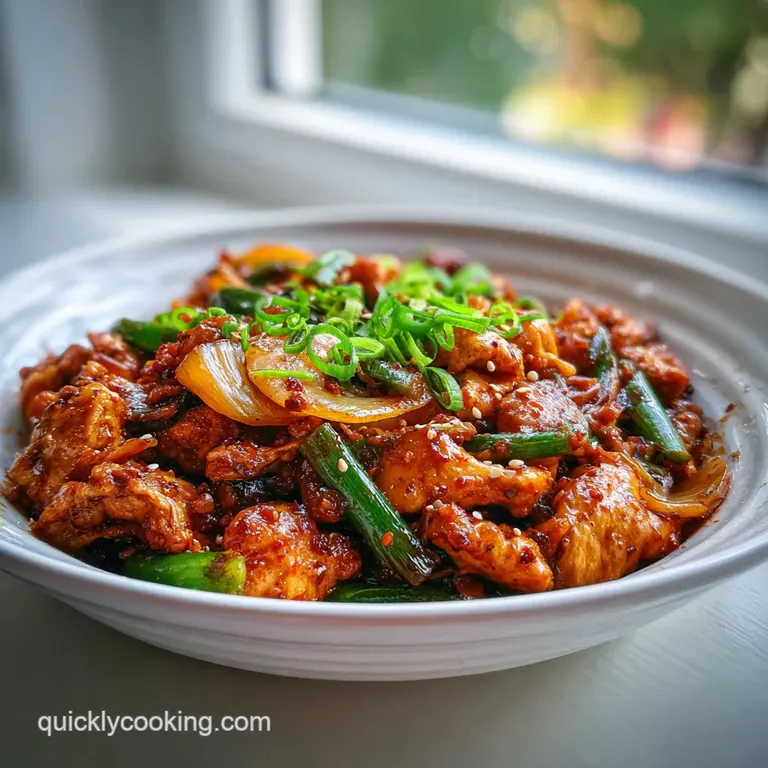 Spicy chicken stir-fry elegantly plated, showcasing tender chicken and colorful vegetables, drizzled with a flavorful red ...