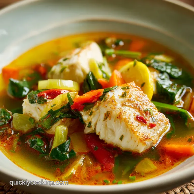 Steaming bowl of fish soup, garnished with lemon slice and herbs, highlighting the flaky fish and colorful broth.