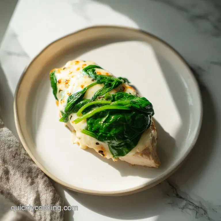 A creamy scoop of tender chicken and wilted spinach topped with toasted breadcrumbs on a white ceramic plate.