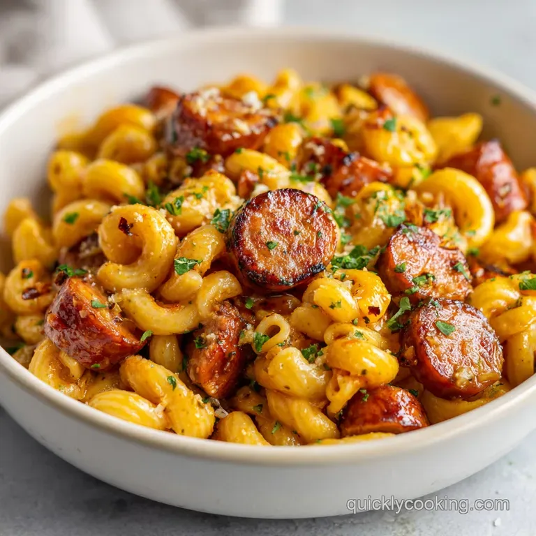 A fork twirls glossy pasta and sliced sausage from a rustic skillet onto a white plate, garnished with green herbs.