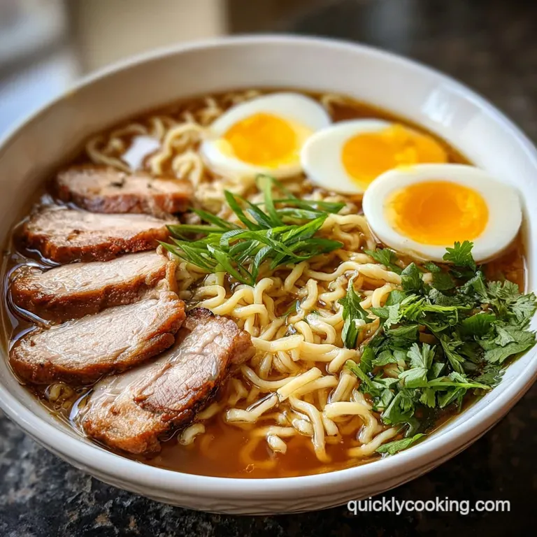 Elegant ramen bowl presentation with perfectly arranged noodles, glistening broth, vibrant scallions, and a jammy soft boi...