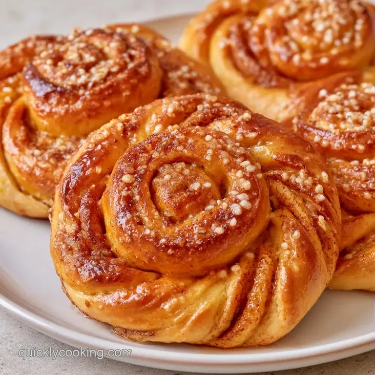 Two twisted golden pastries dusted with pearl sugar on a white ceramic plate beside a cup of steaming black coffee.