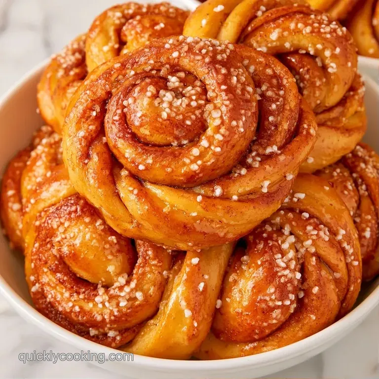A swirl of golden pastry on a white ceramic plate next to a steaming cup of coffee and a cream linen napkin.