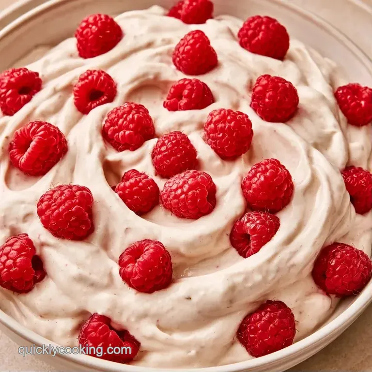 A glass coupe filled with silky white custard, topped with a fresh mint leaf and a single tart raspberry.