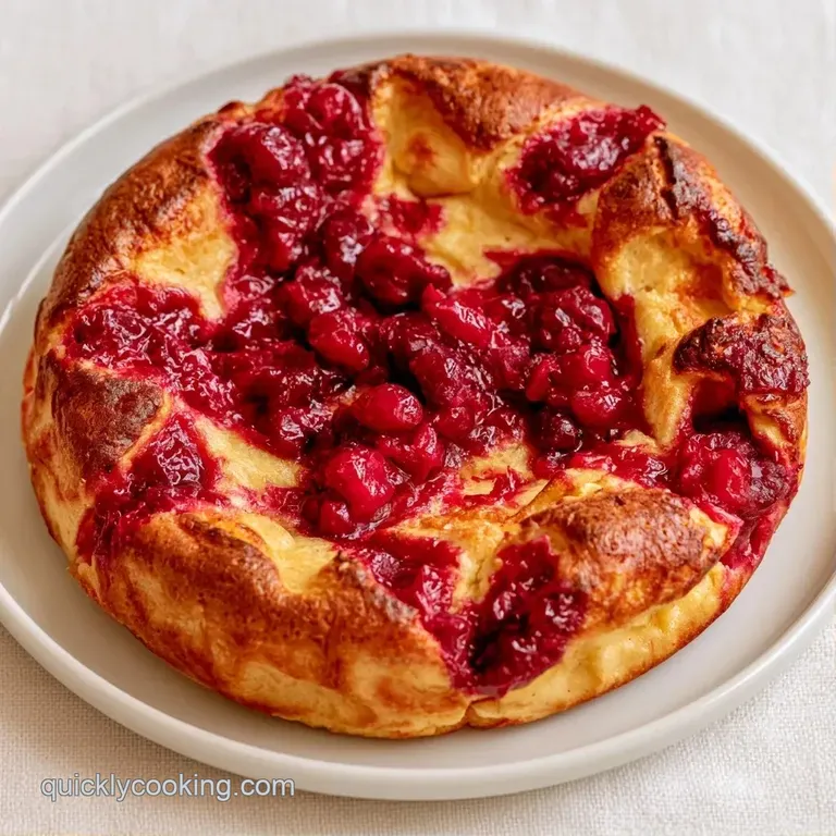 A thick slice of golden-brown puffed pancake on a white plate with a dollop of cream and tart red berries.