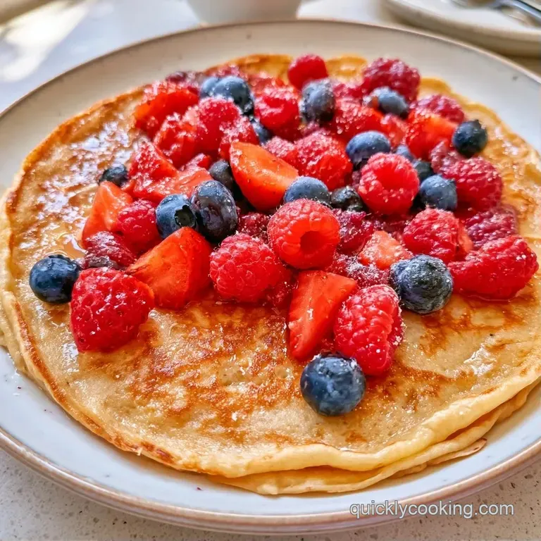 Delicate, lacy golden crepes folded neatly on a white porcelain plate, garnished with tart berries and powdered sugar.