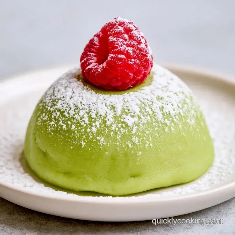 A slice of layered sponge cake and whipped cream on a white plate, topped with a soft green marzipan curve.