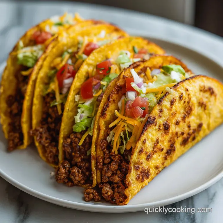 Stacked tacos with overflowing fillings: warm meat, bright vegetables and melted cheese spilling onto a festive plate.