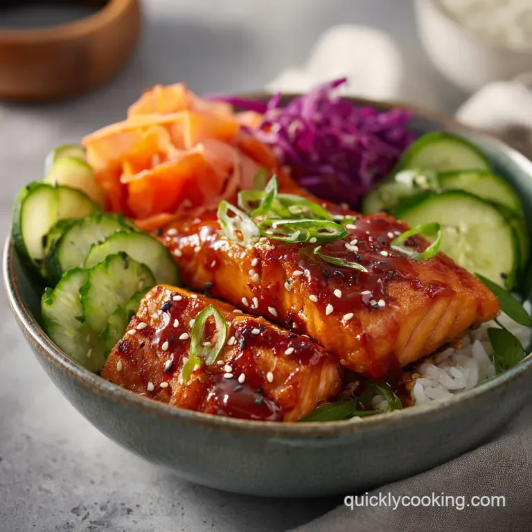 Elegant sushi bowl: Teriyaki salmon glistens atop pearly rice, accented by emerald edamame and artful ginger ribbons.