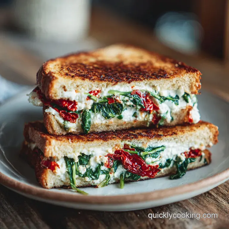 Grilled cheese sandwich half on a rustic plate, sun-dried tomato & spinach visible. A sprig of basil adds freshness. Warm,...