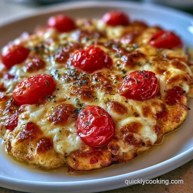 Toasted flatbread slices with bubbling golden cheese and red sauce arranged neatly on a minimalist white ceramic plate.