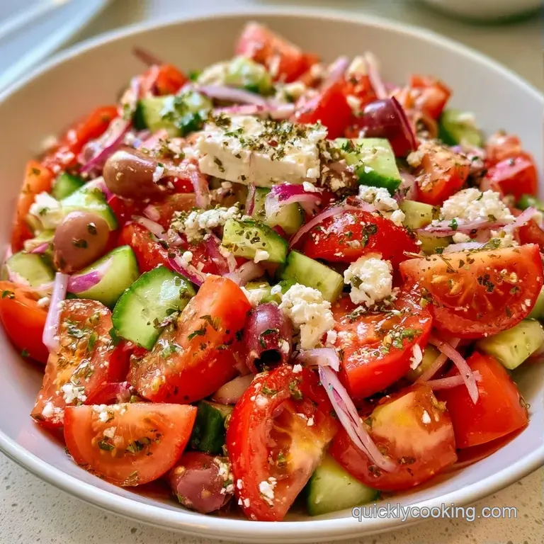 Vibrant chunks of red tomato and green cucumber topped with crumbled feta in a rustic white ceramic bowl.