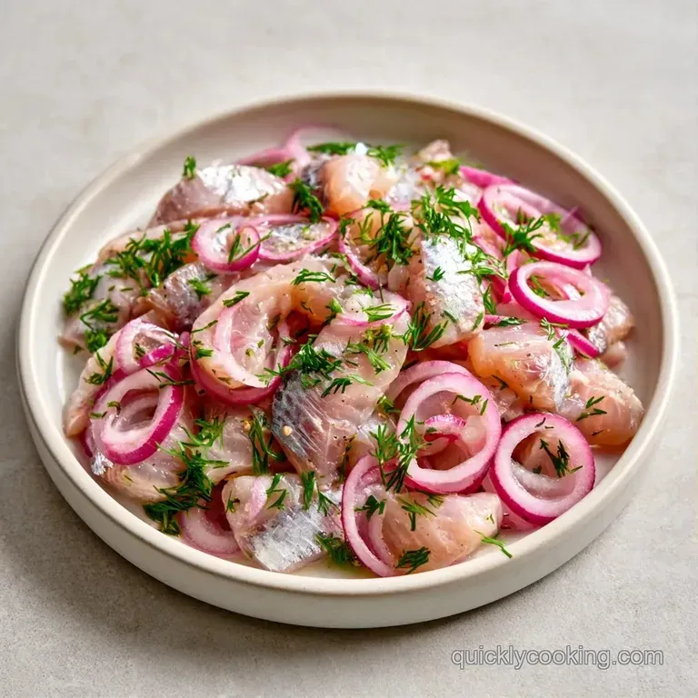 Silvery fish slices artfully arranged on a white platter, topped with vibrant red onion and sprigs of fresh dill.