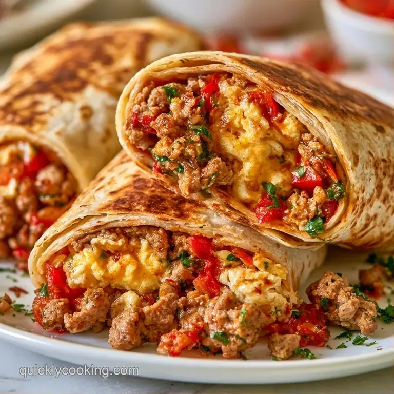 Halved turkey sausage burritos fanned on a white plate, revealing layers of pale egg, red pepper bits, and melted cheddar.