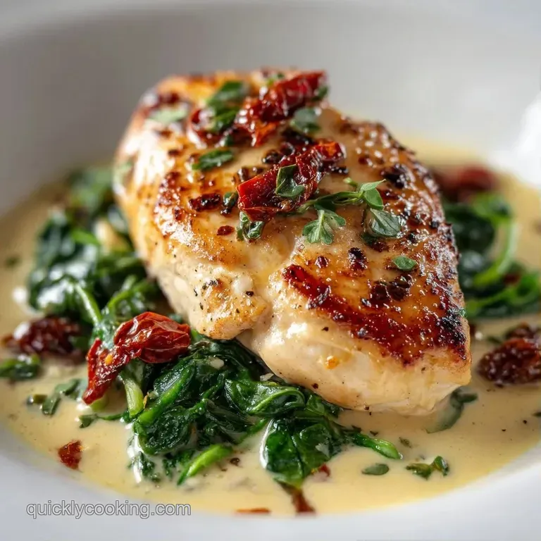 Seared chicken breast on a white plate draped in creamy garlic sauce with vibrant greens and red sun-dried tomatoes