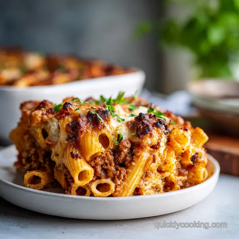 A steaming forkful of baked ziti, strands of pasta coated in creamy sauce and cheese.
