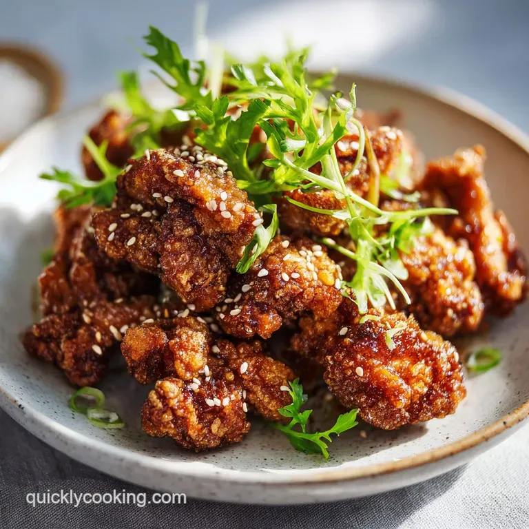 Perfectly arranged karaage chicken, glistening with savory sauce, atop a bed of fresh green cabbage, garnished with lemon ...