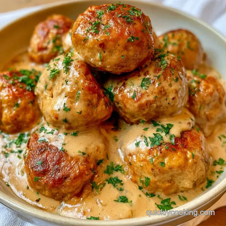 Golden-brown savory balls drizzled in a rich cream sauce atop fluffy potatoes, garnished with bright green parsley.