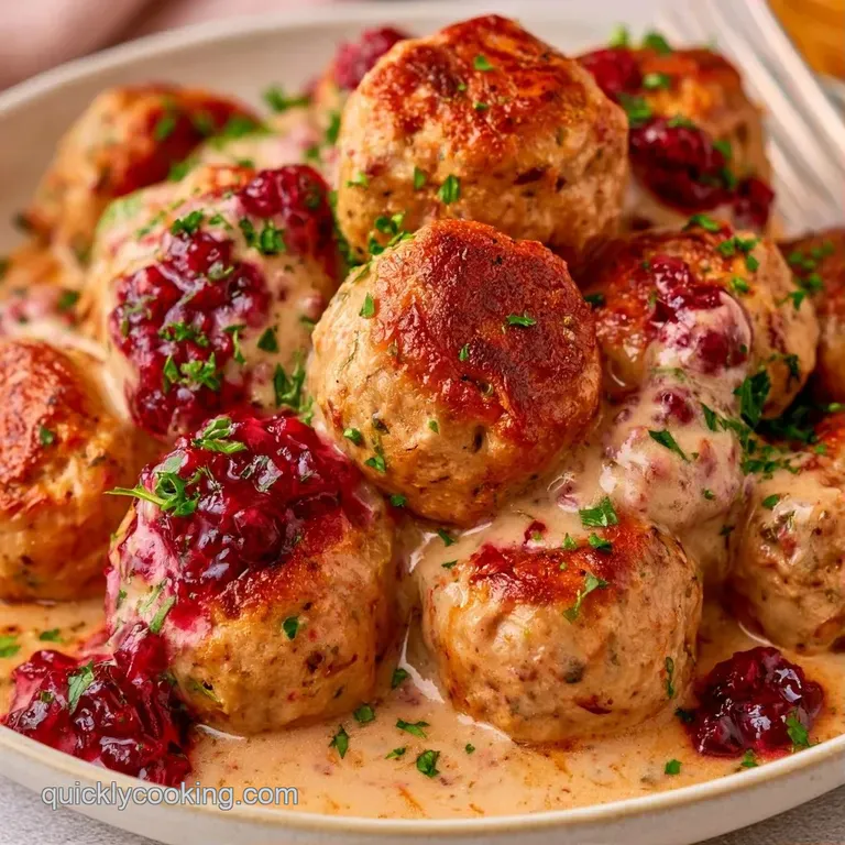 Savory brown spheres in a velvety cream sauce served over fluffy mashed potatoes with a dollop of red berry jam.
