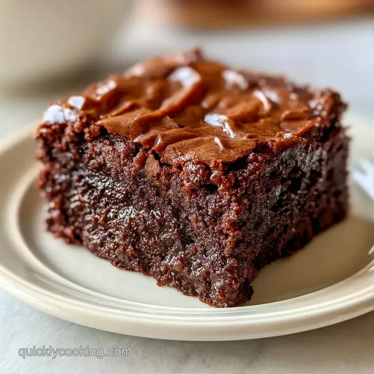 A square of dark, fudgy cake topped with a creamy white chocolate drizzle and a fresh mint leaf on a ceramic plate.